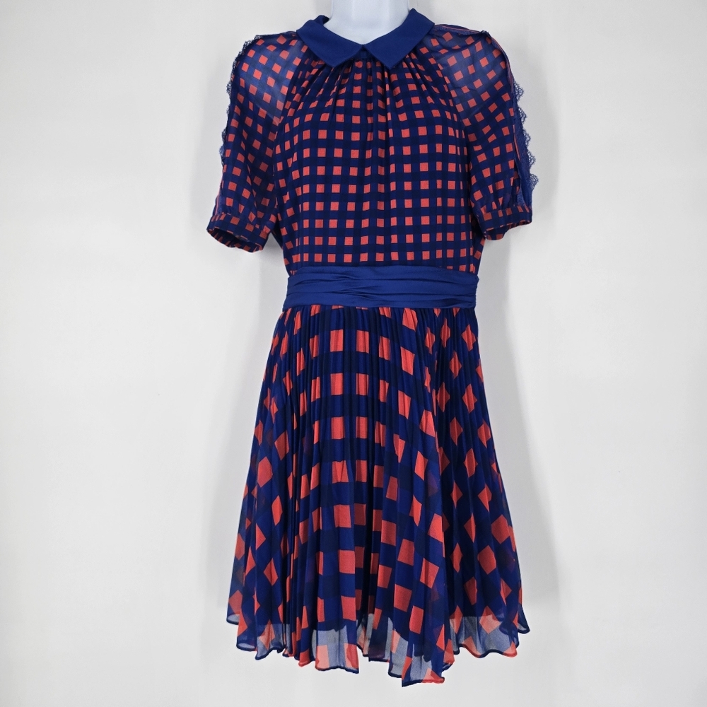 Self-Portrait Gingham Printed Chiffon Pleated Mini Dress Size US 8 Orange Blue